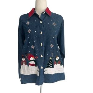 Tantrums Vintage Denim Button Down Snowman Festive Top